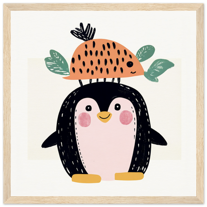 Cute cartoon penguin with rosy cheeks and fruit hat, perfect for nursery wall art