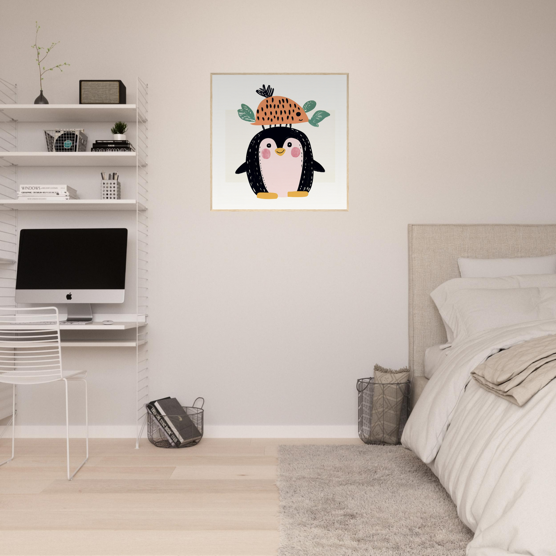 Cute cartoon penguin in floral crown, perfect for nursery wall art or decor