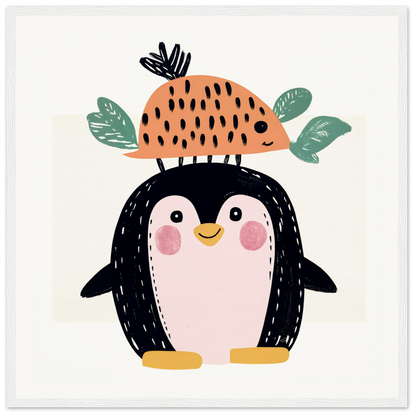 Cute cartoon penguin with fruit hat perfect for nursery wall art or decor