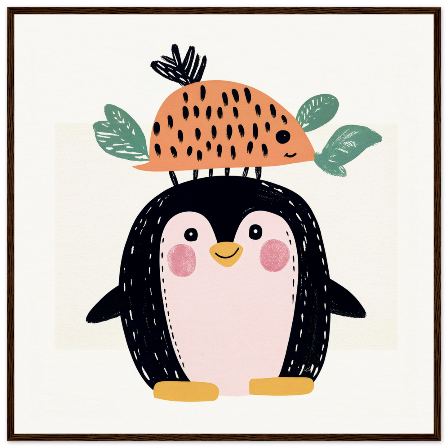 Cute cartoon penguin in a peach hat, perfect for nursery wall art or decor