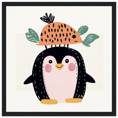 Cute cartoon penguin with orange berry on head for nursery wall art or decor