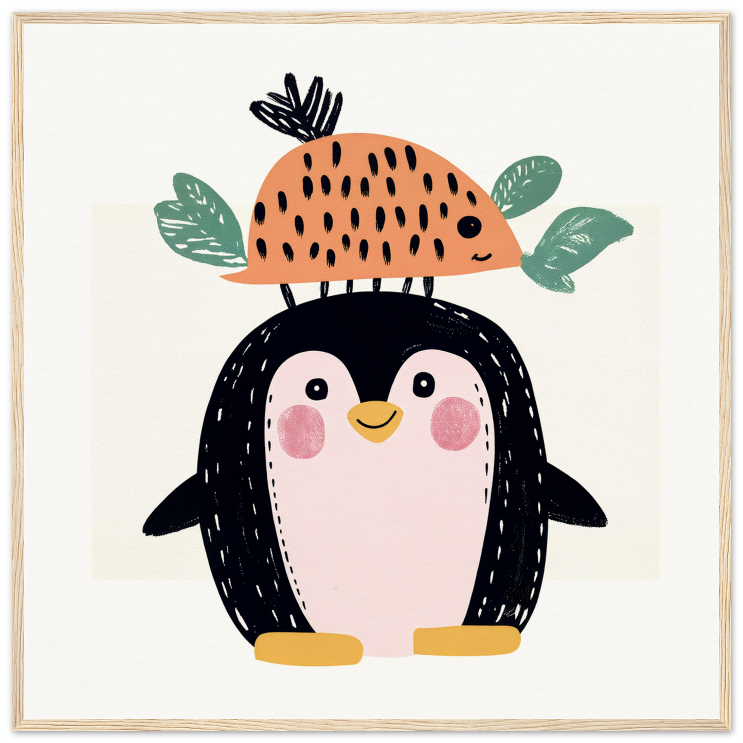 Cute cartoon penguin in a fruit hat for fun nursery wall art or decor