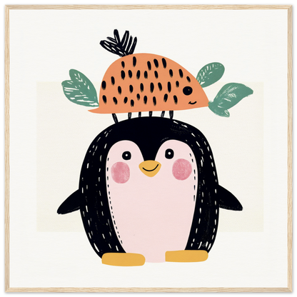 Cute cartoon penguin in a fruit hat for fun nursery wall art or decor