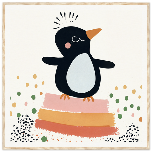 Cute cartoon penguin on pink and orange stripes for nursery wall art decor