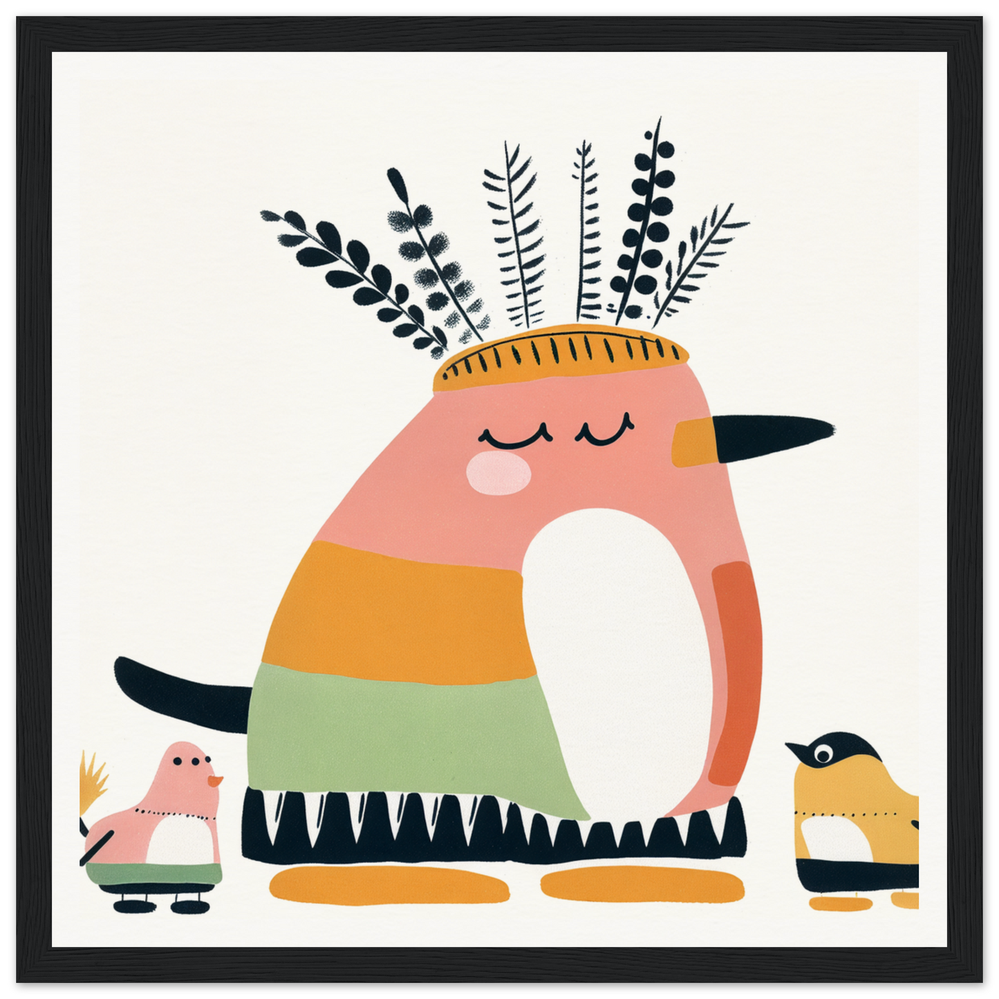 Whimsical bird-like creature in striped outfit for playful nursery wall art decor