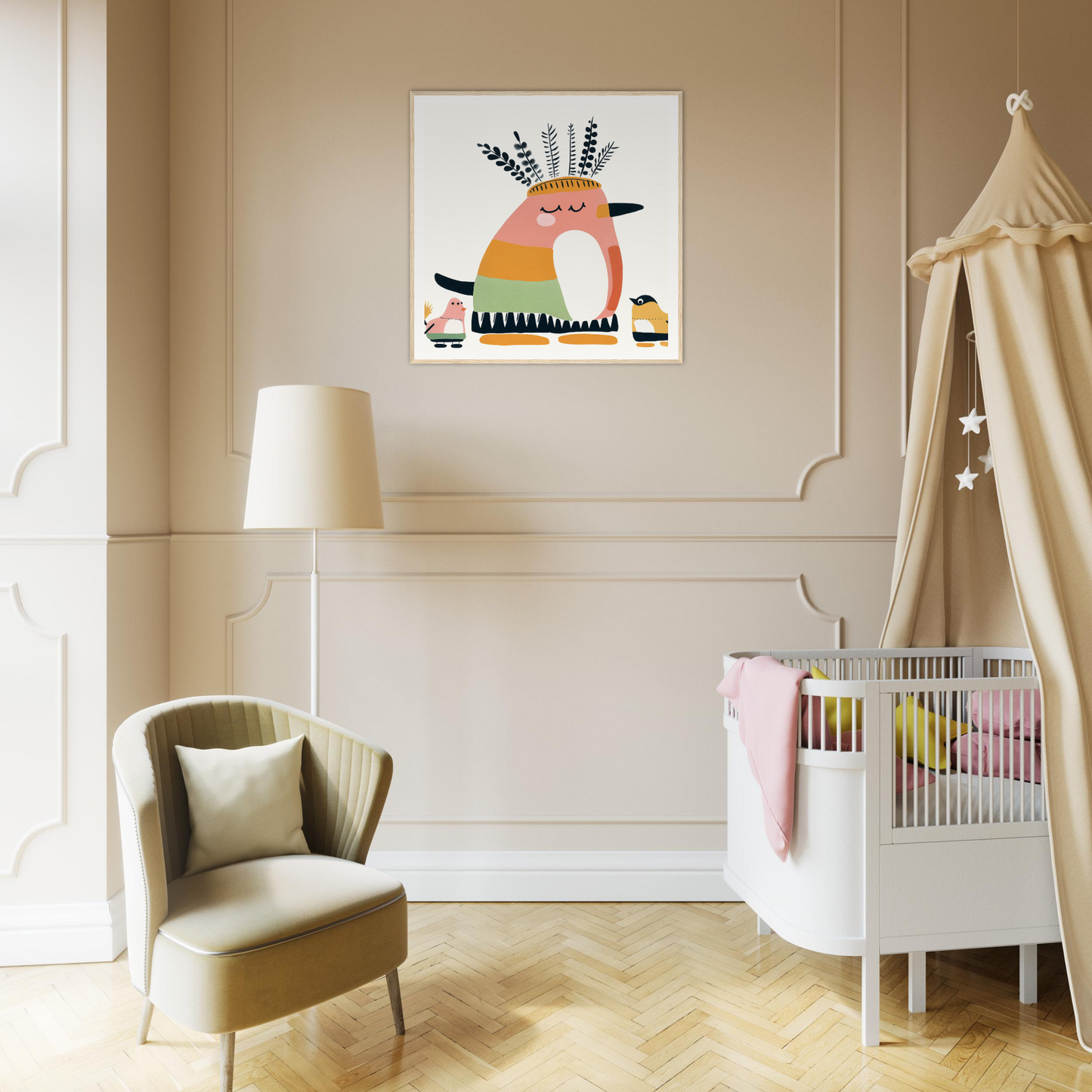 Modern nursery room with a white crib and canopy, perfect for nursery decor inspiration