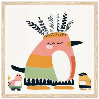 Whimsical bird-like creature with leafy head in pink, orange, and green nursery wall art