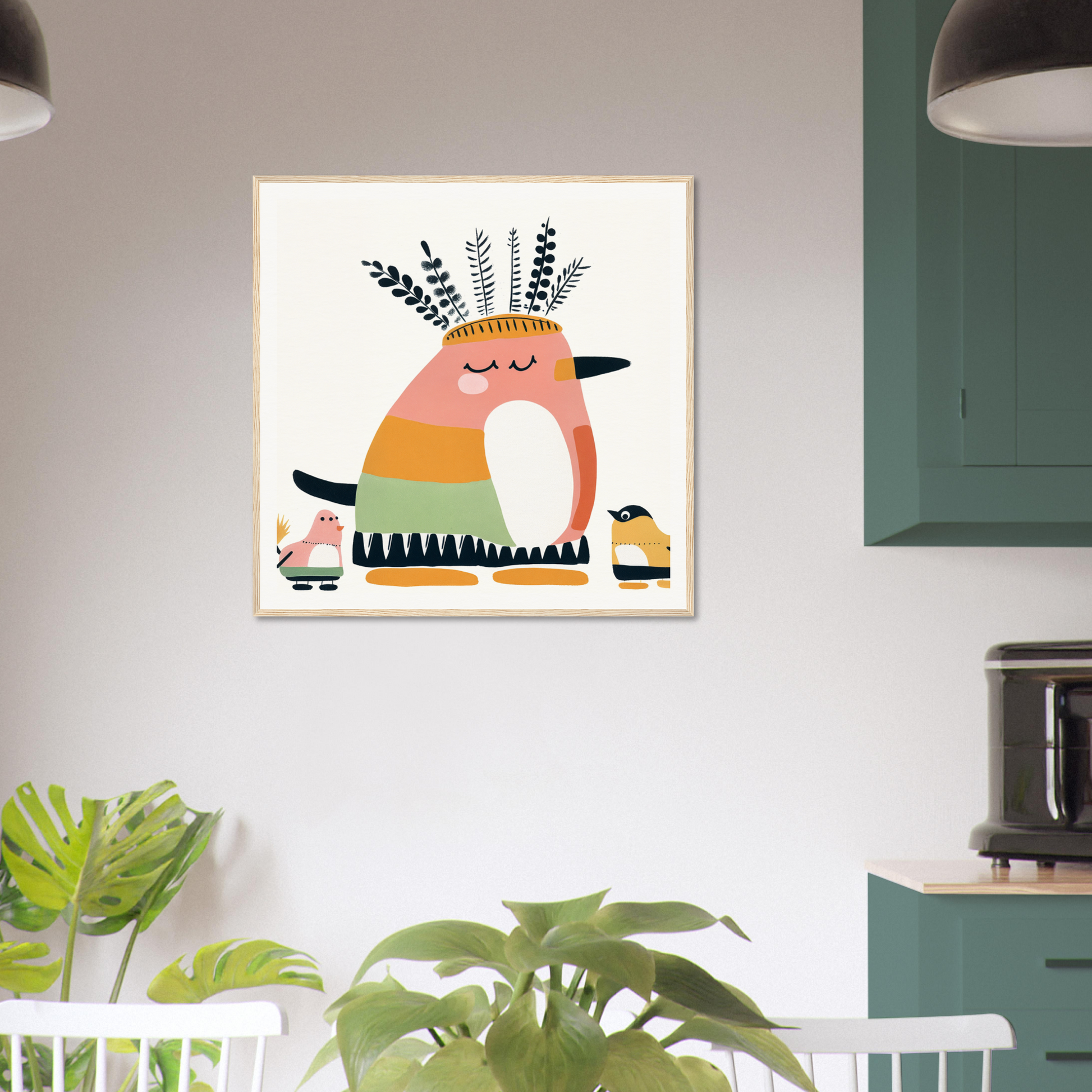 Whimsical orange bird creature with feathers, perfect for nursery wall art or decor