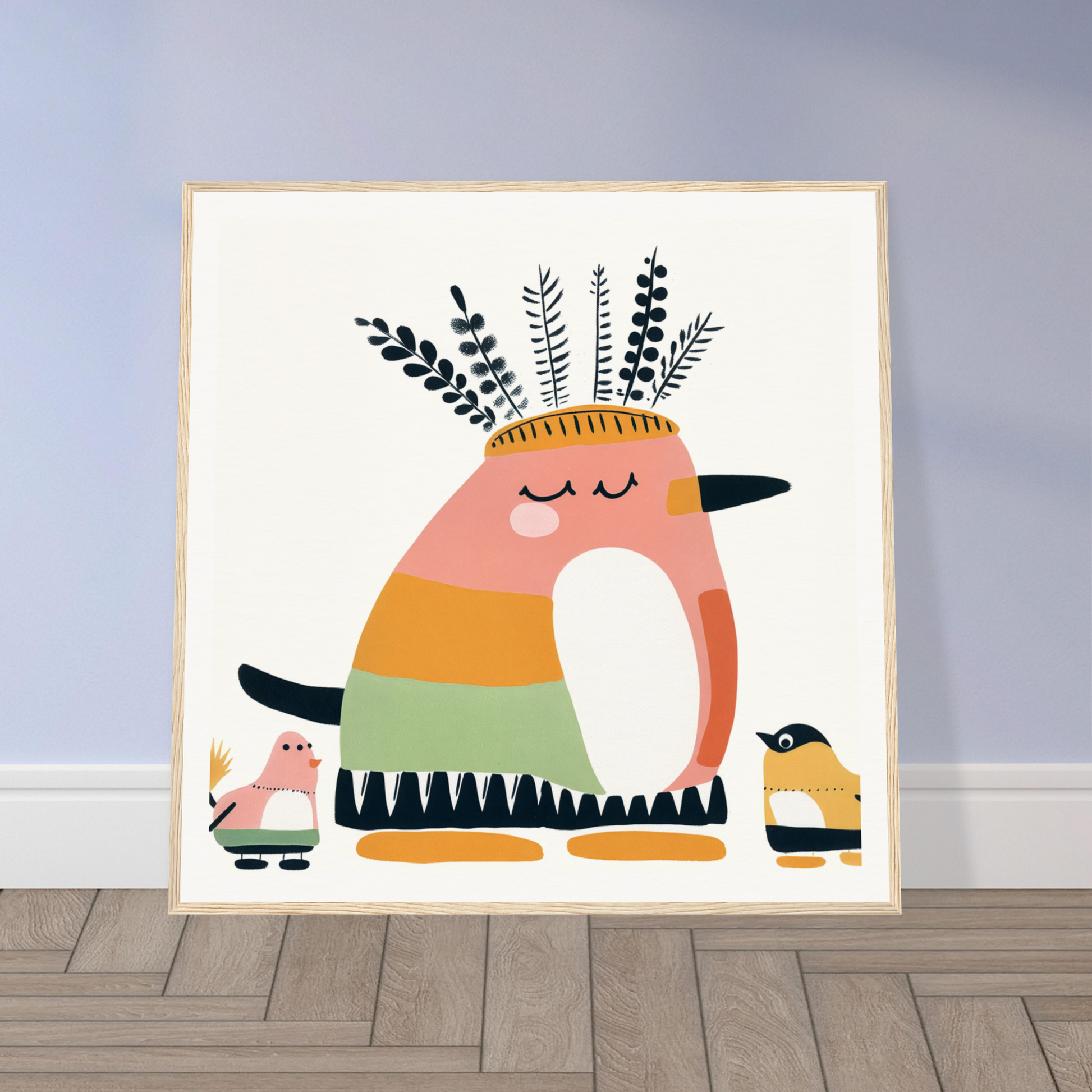 Whimsical bird illustration with leaves, perfect for nursery wall art or decor