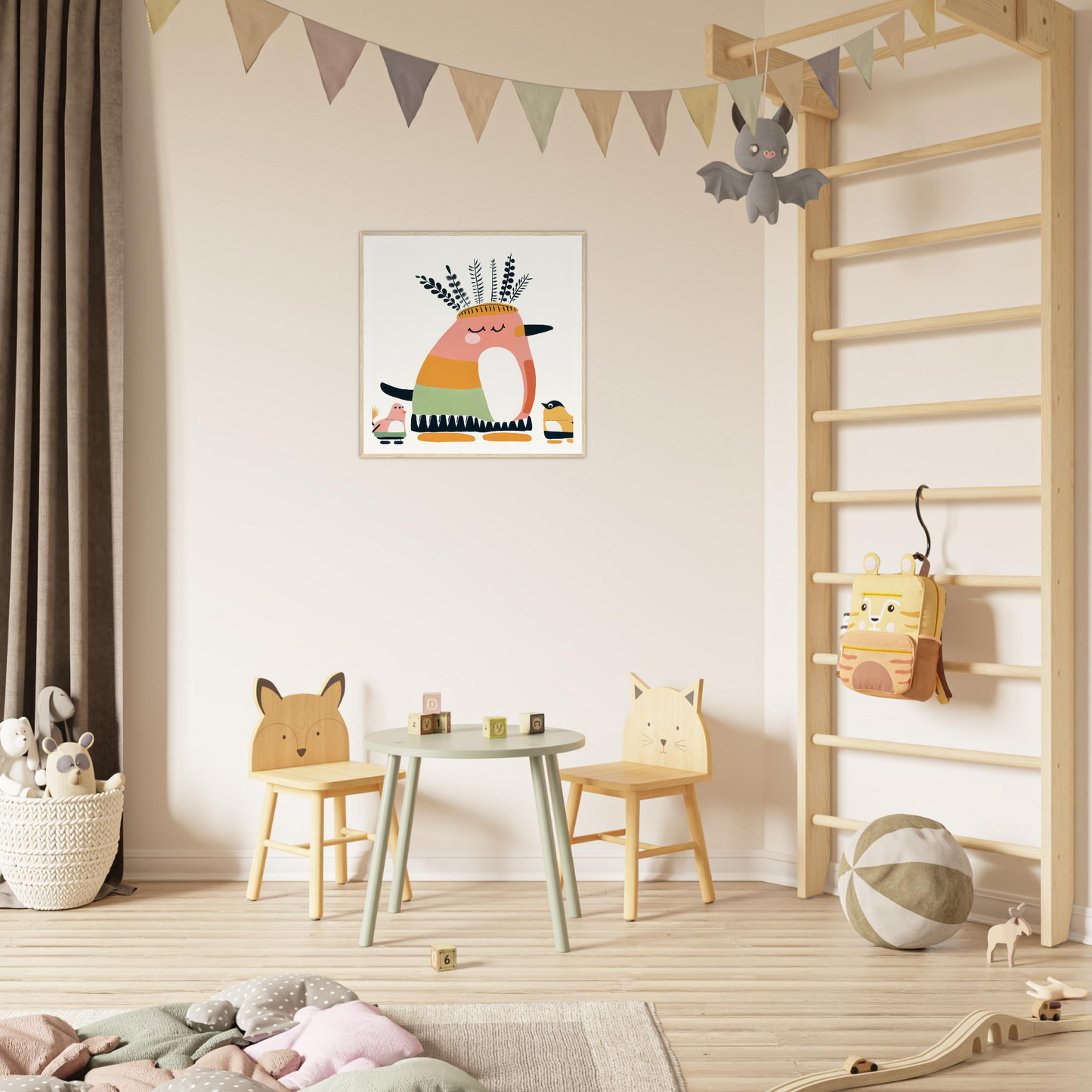 Wooden animal-themed chairs and table in a colorful nursery play area for kids