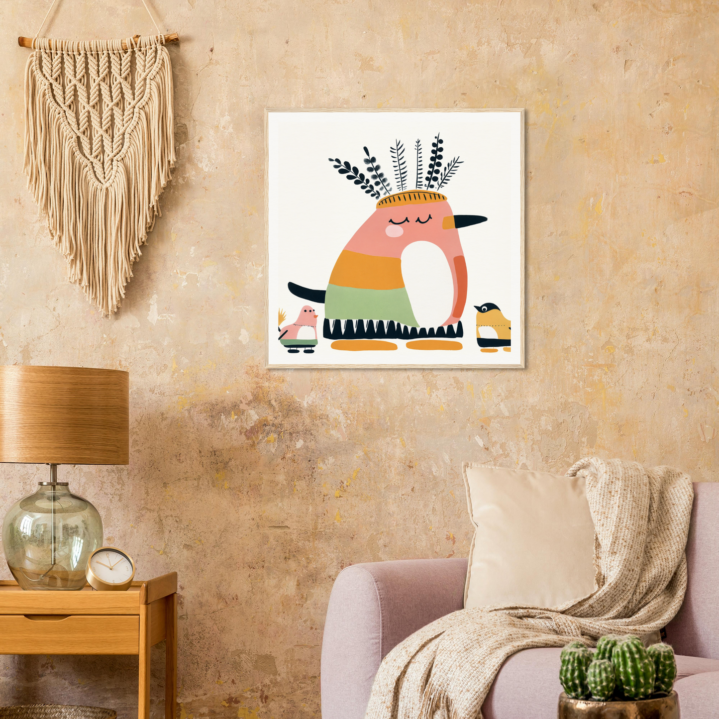 Whimsical peachy bird artwork, perfect for nursery wall art or framed poster decor