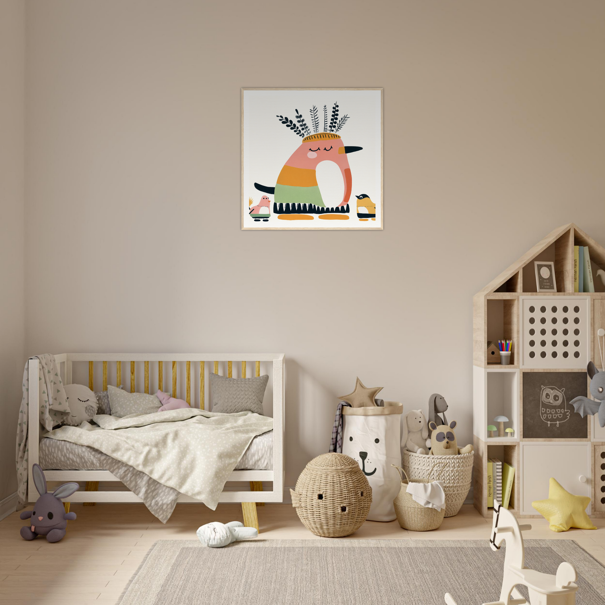 Cozy nursery decor featuring minimalist Scandinavian-inspired design and nursery wall art