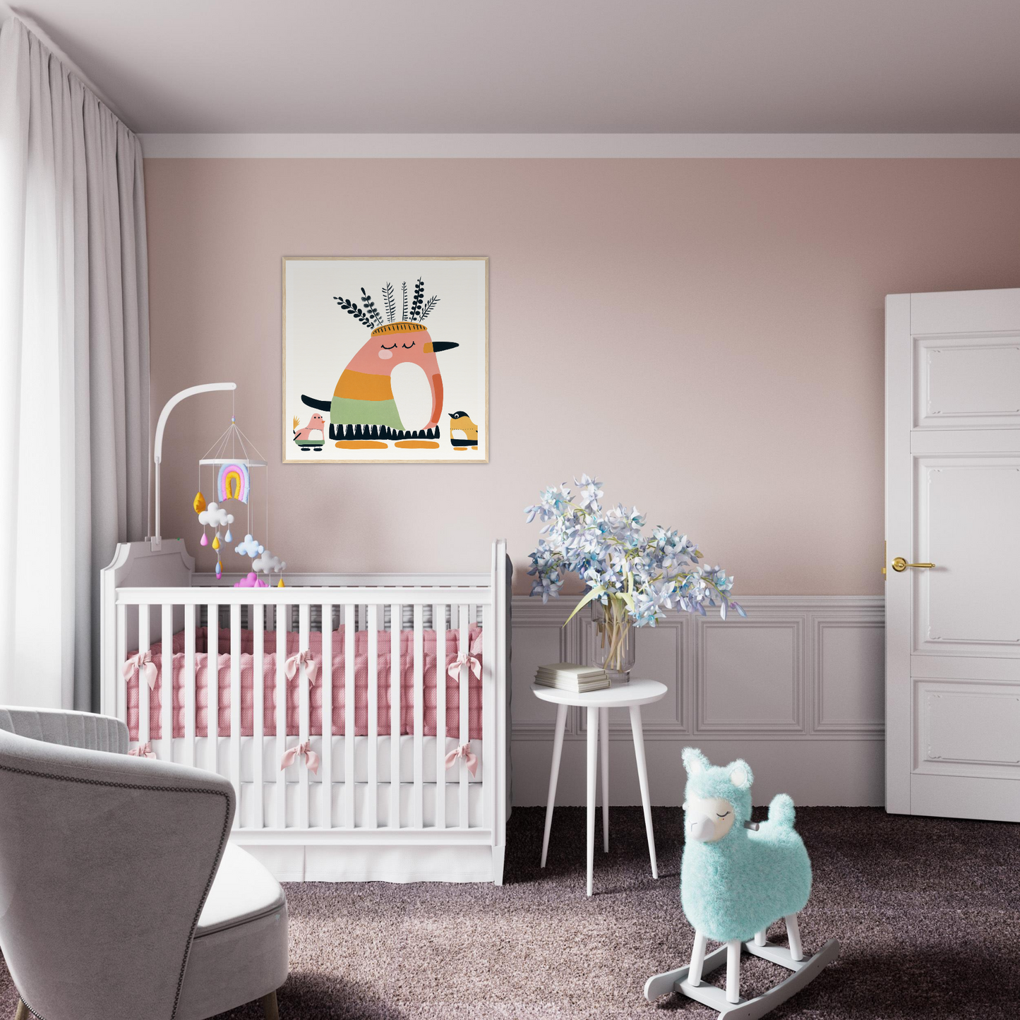 Cozy White Wooden Crib with Pink Bedding, perfect for Nursery Decor and Wall Art