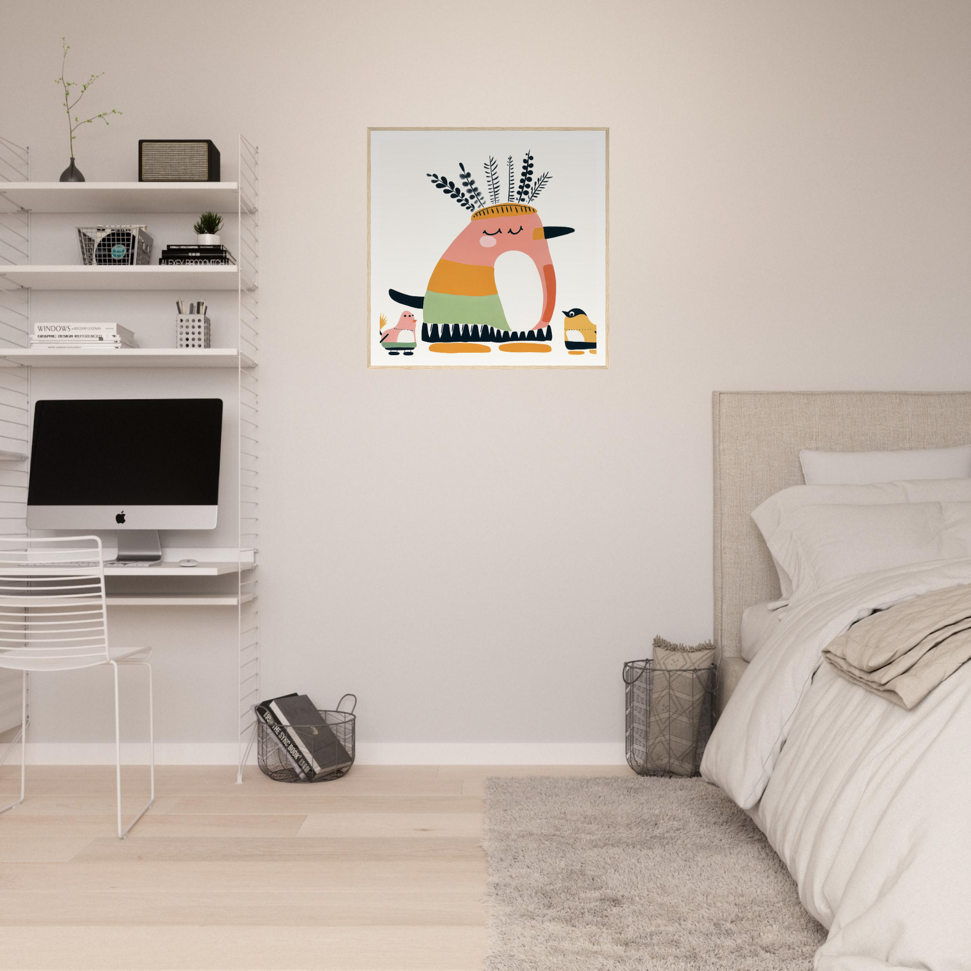 Whimsical peach bird with feather crown for cute nursery wall art or framed poster