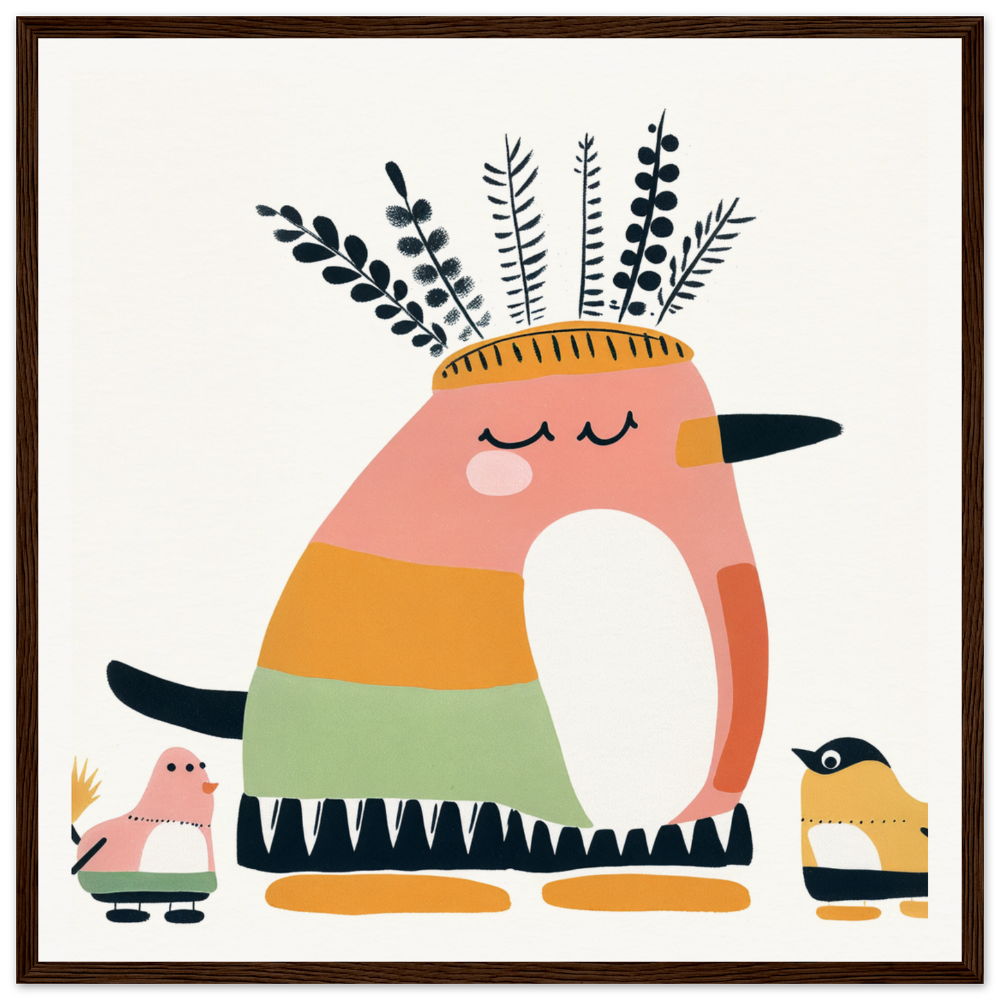 Whimsical bird-like creature in leafy headdress and sneakers for nursery wall art