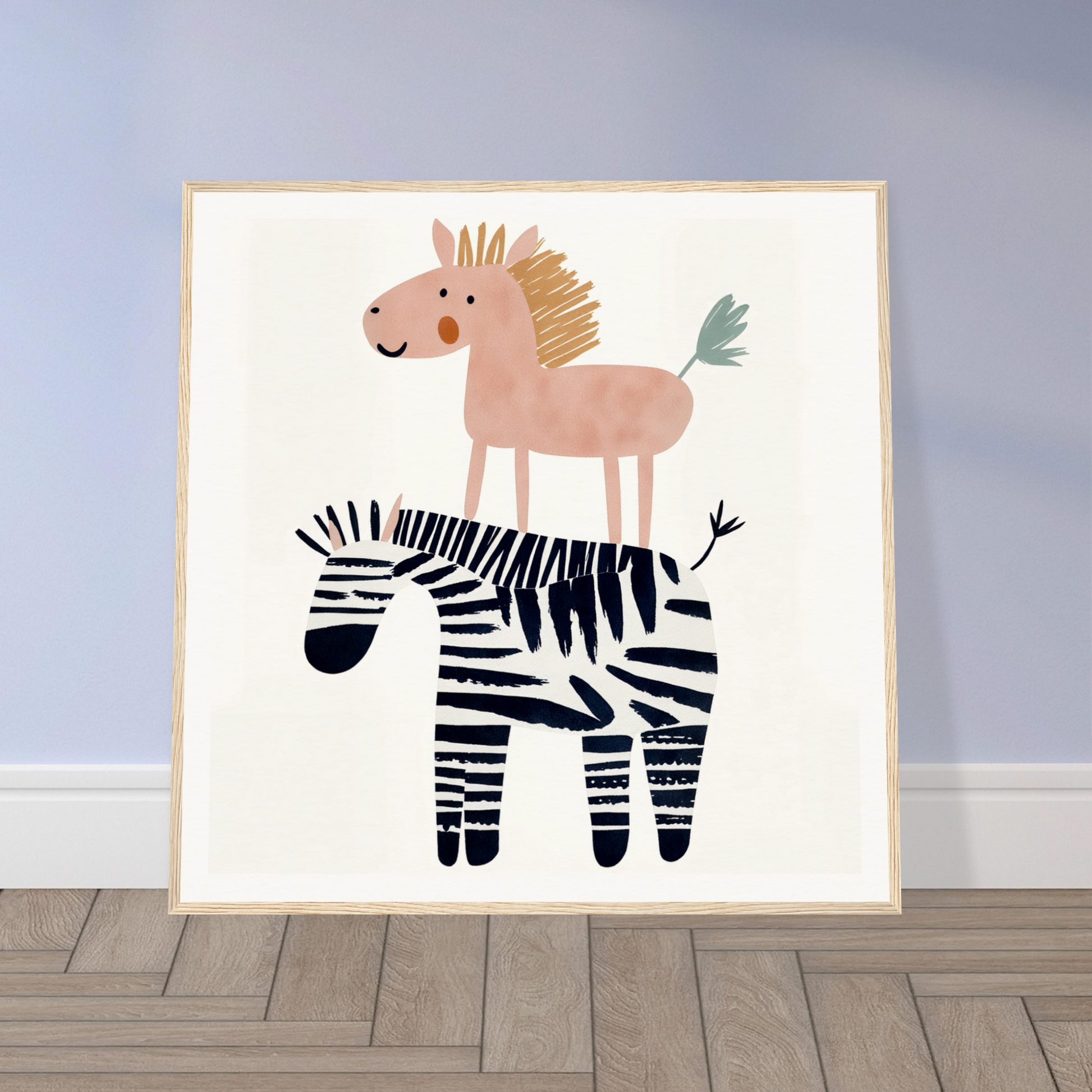 Whimsical nursery wall art featuring a pink horse on a zebra, perfect for nursery decor