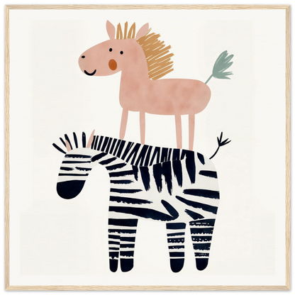 Pink horse on zebra in whimsical style, perfect for nursery wall art or decor