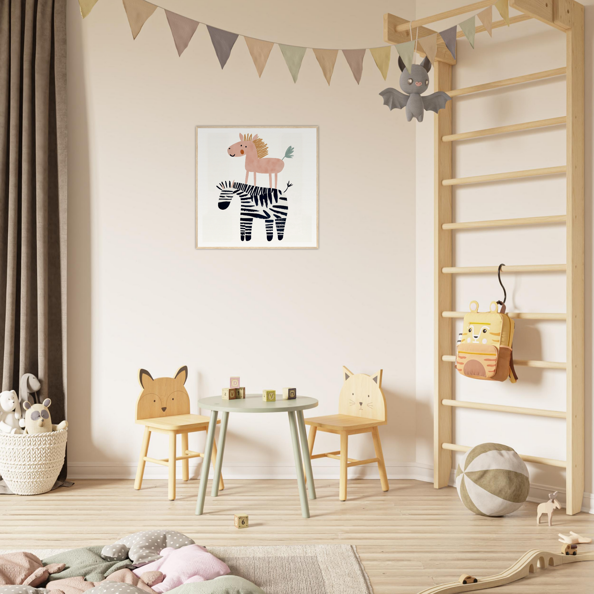 Children’s play area featuring animal-themed chairs, perfect for nursery decor