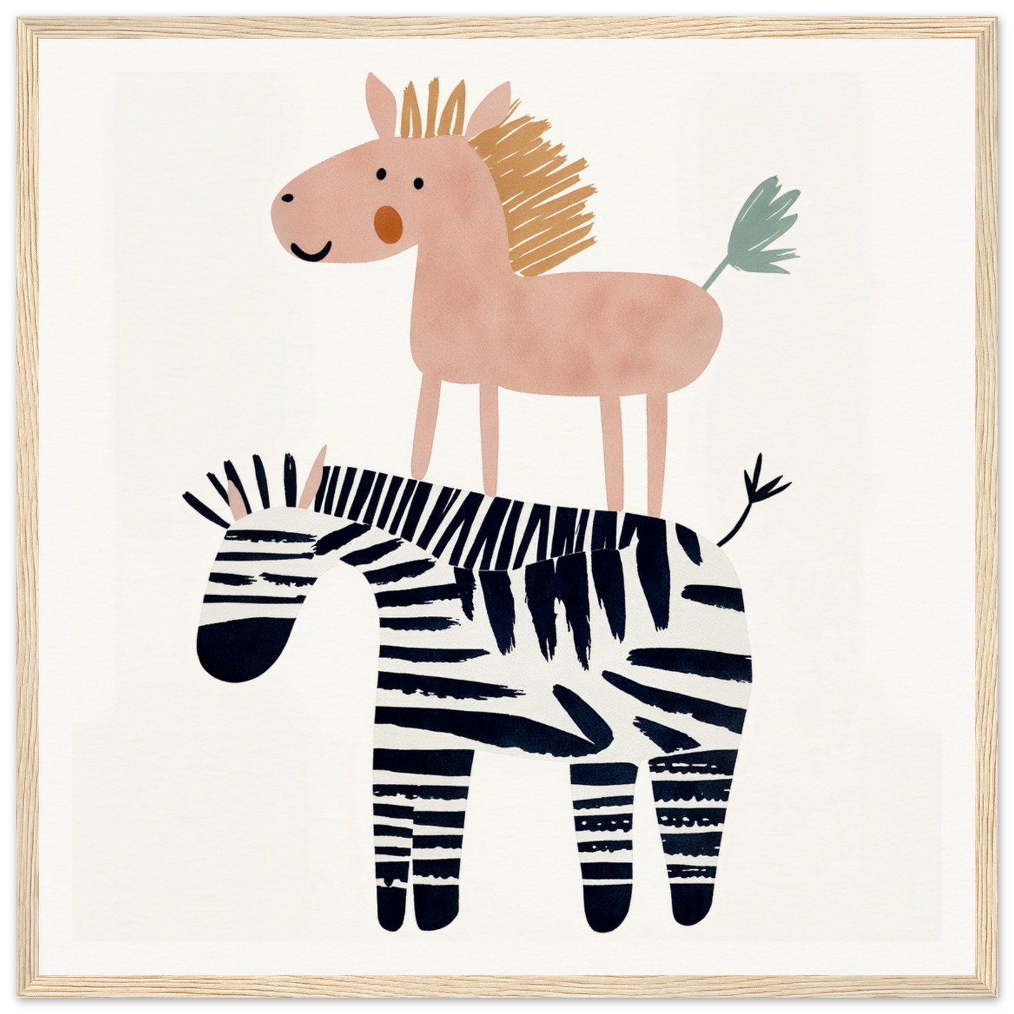 Whimsical Pink Horse on Zebra for Fun Nursery Wall Art in Product164 Framed Poster