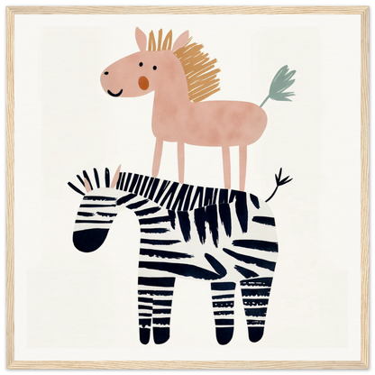 Whimsical Pink Horse on Zebra for Fun Nursery Wall Art in Product164 Framed Poster