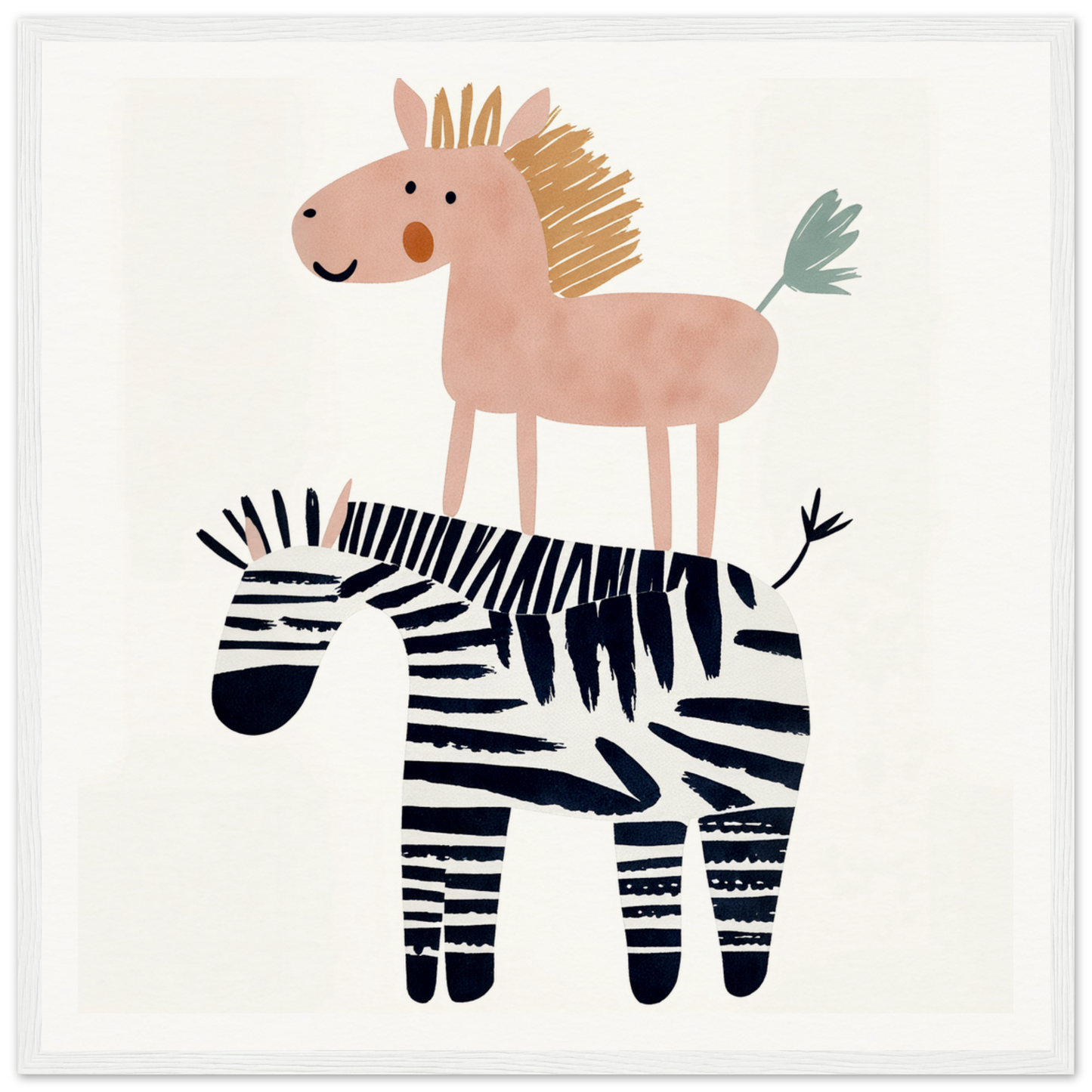 Cute Pink Horse on Zebra for fun nursery wall art in Product164 framed poster