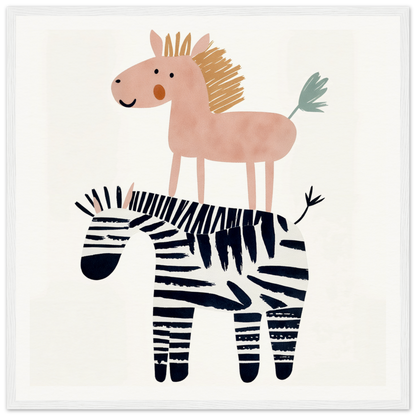 Cute Pink Horse on Zebra for fun nursery wall art in Product164 framed poster