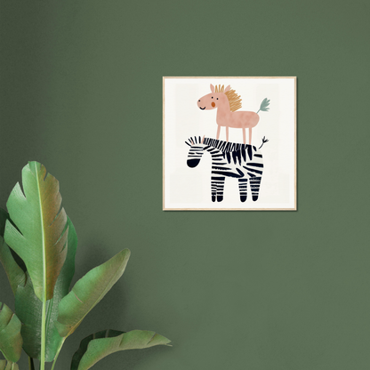 Framed poster of pink horse atop black and white zebra, perfect nursery wall art