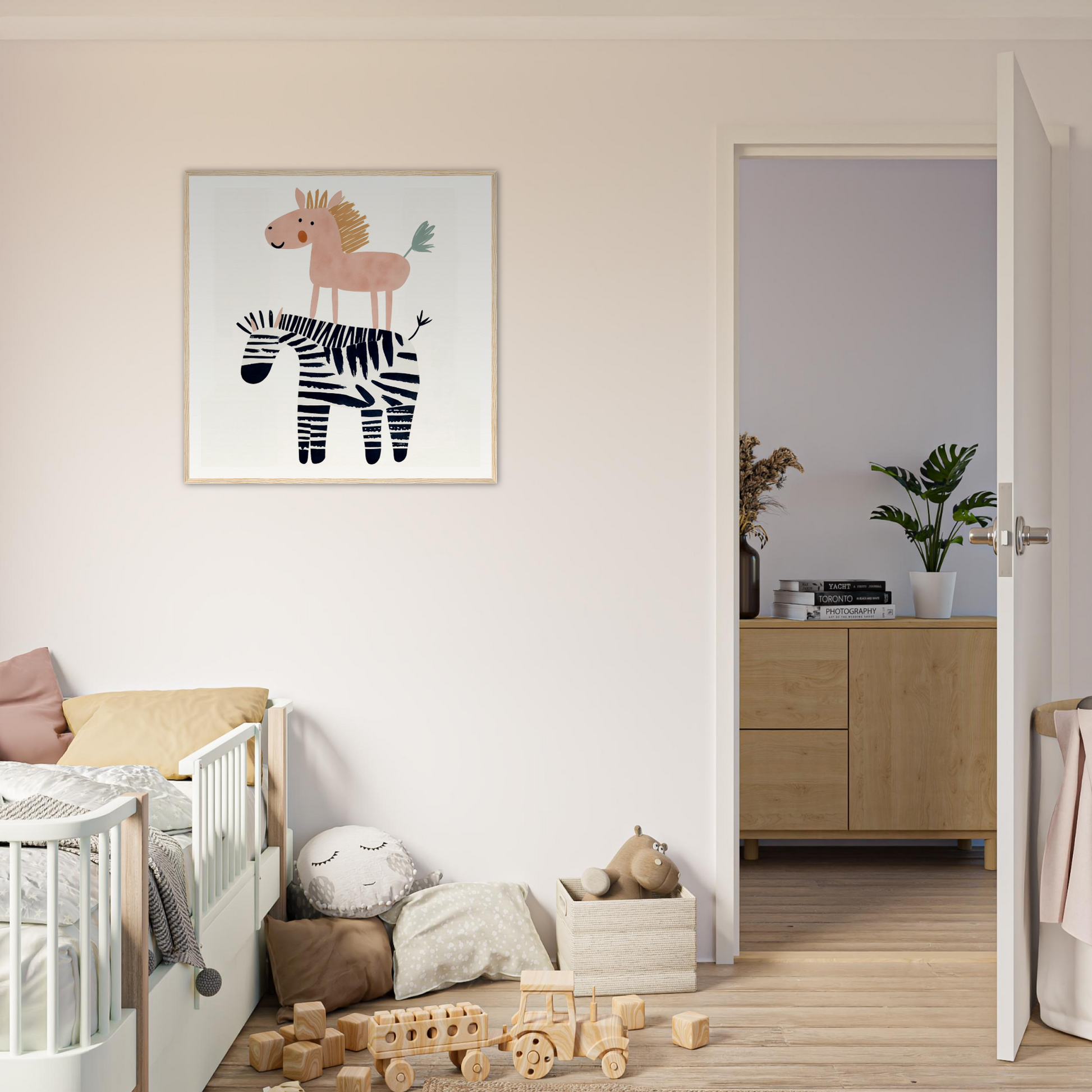 Whimsical nursery wall art of a brown horse standing on a zebra for fun decor