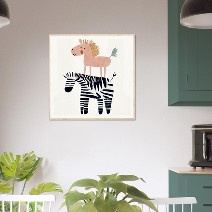 Whimsical pink horse on zebra nursery wall art for playful nursery decor or framed poster