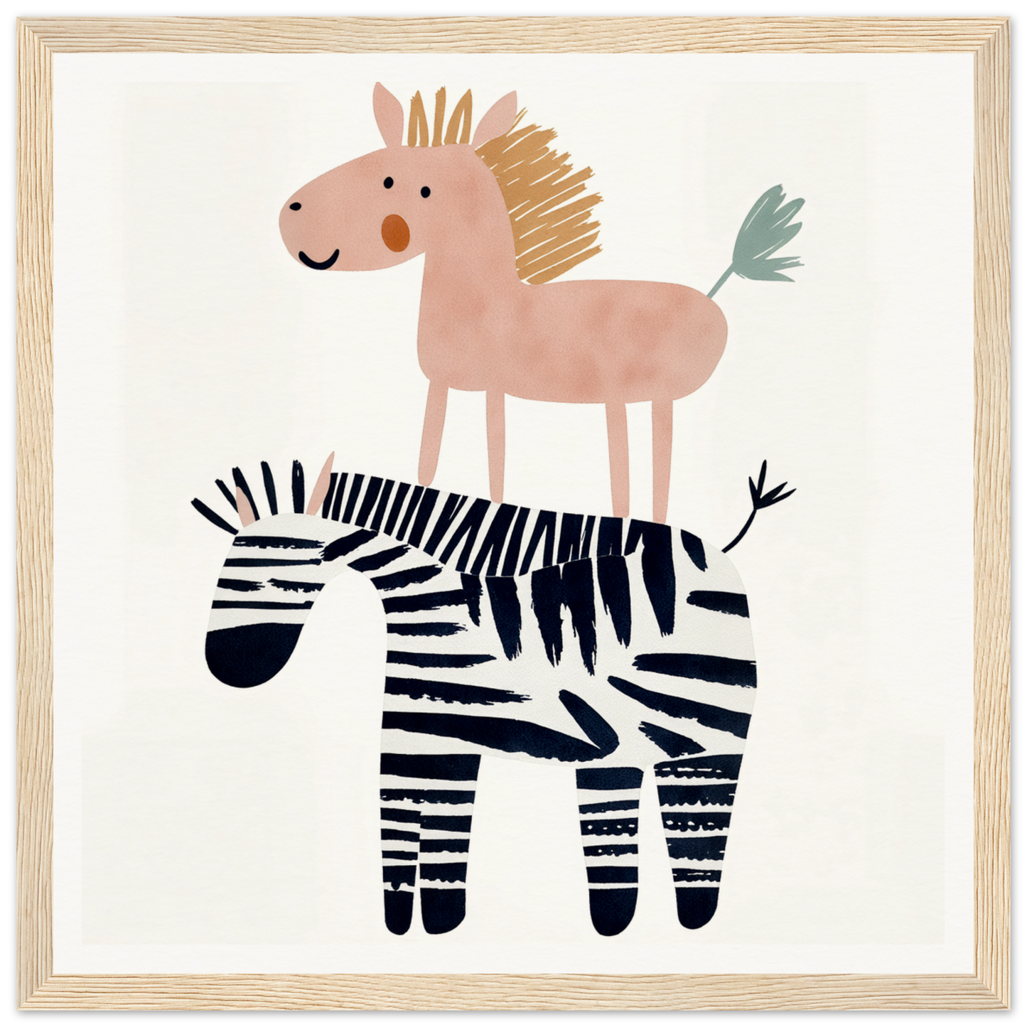 Whimsical Pink Horse on Black and White Zebra for Fun Nursery Wall Art or Decor