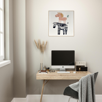 Minimalist wooden desk with iMac and stylish nursery wall art above it in product164