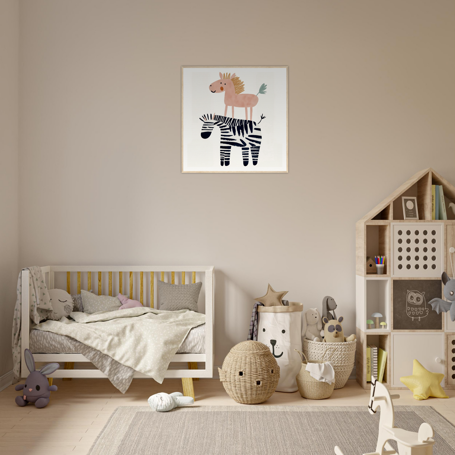 Wooden crib with gray bedding and yellow rails, perfect for nursery decor or wall art