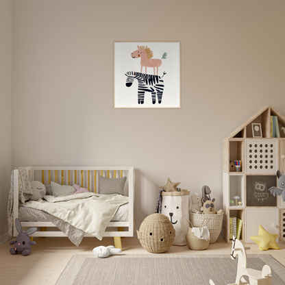 Wooden crib with gray bedding and yellow rails, perfect for nursery decor or wall art