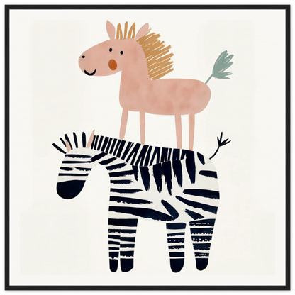 Cute Pink Horse on Zebra for fun Nursery Wall Art and Decor in Framed Poster style