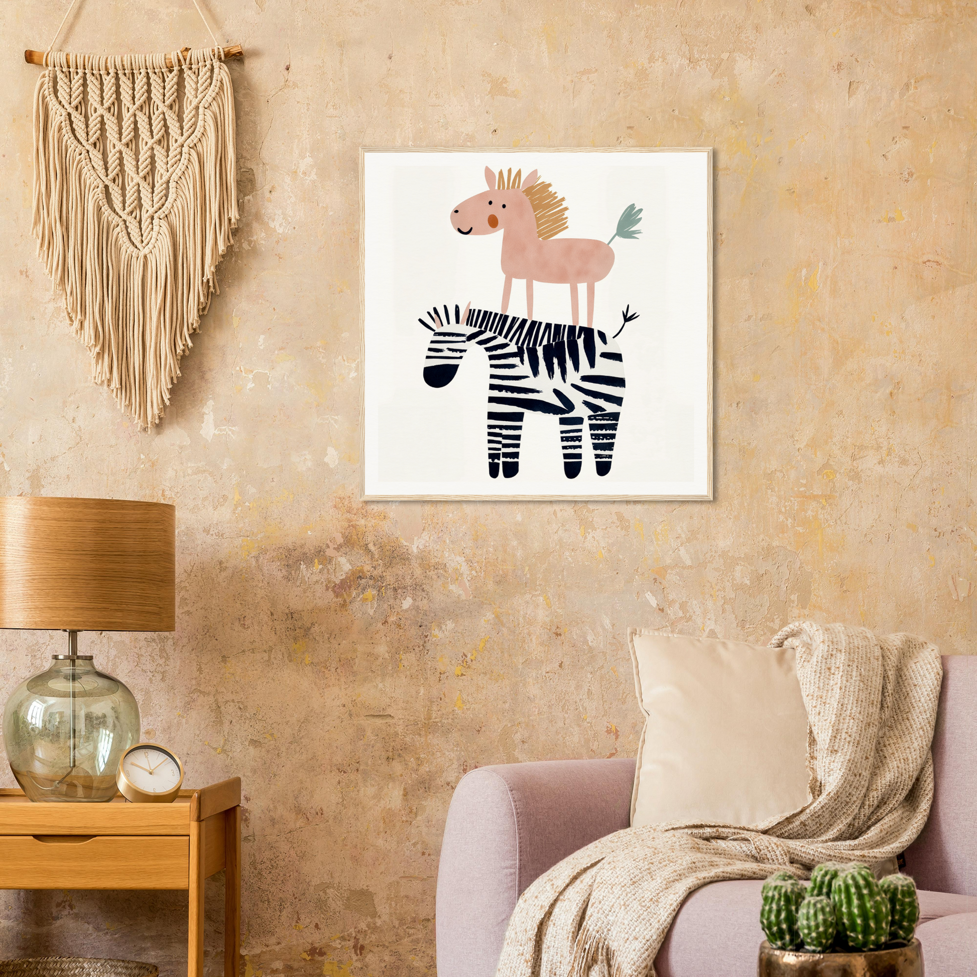 Whimsical nursery wall art of a pink horse on a zebra, perfect for nursery decor