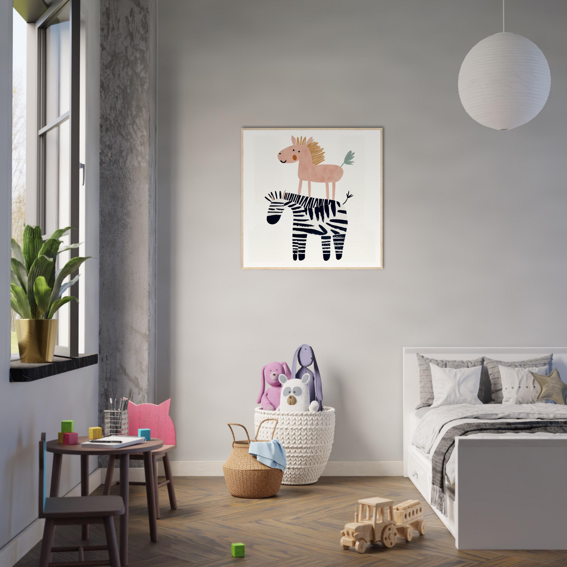 Whimsical nursery wall art with a pink horse on a black and white striped zebra