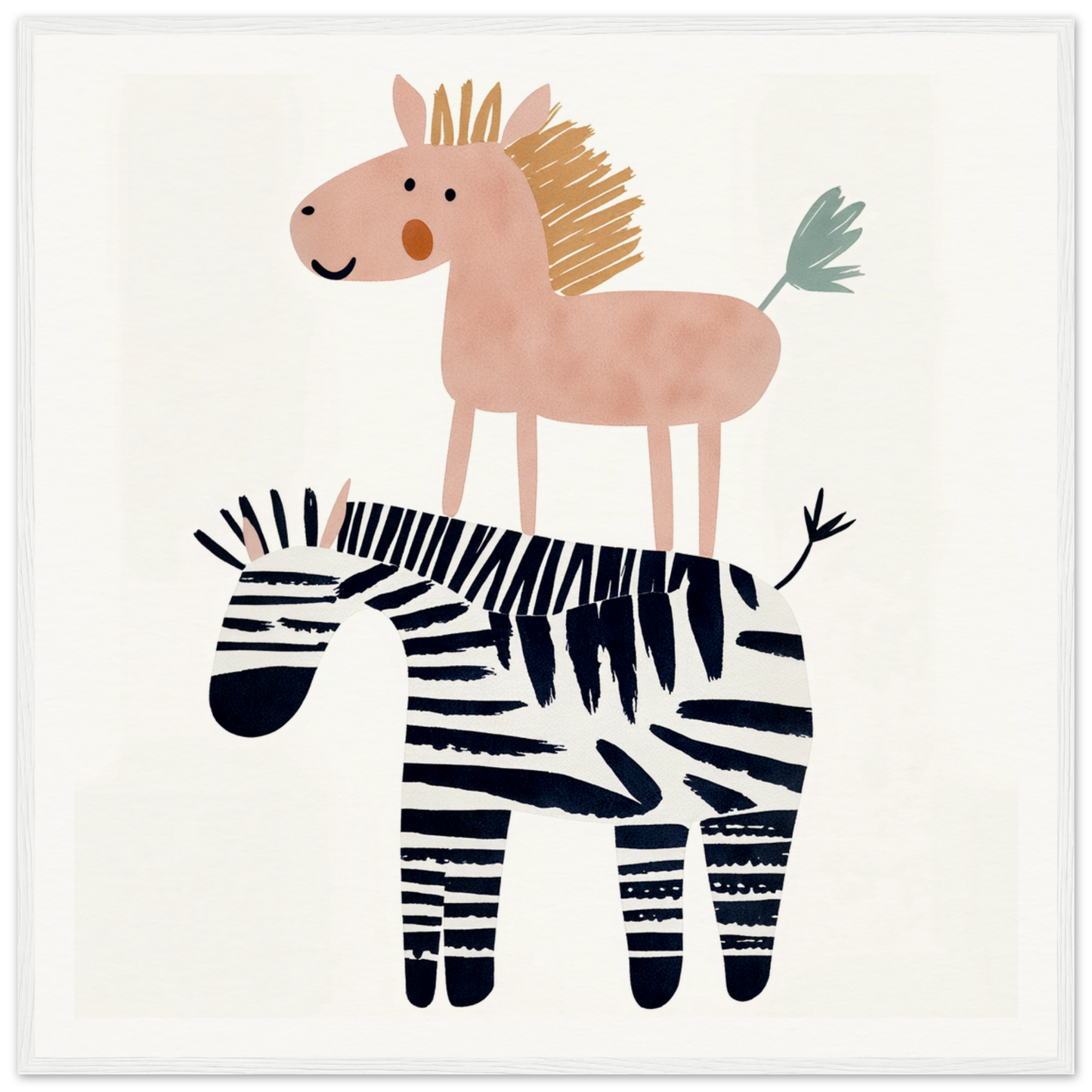 Pink horse on zebra for playful nursery wall art or cute framed poster decor