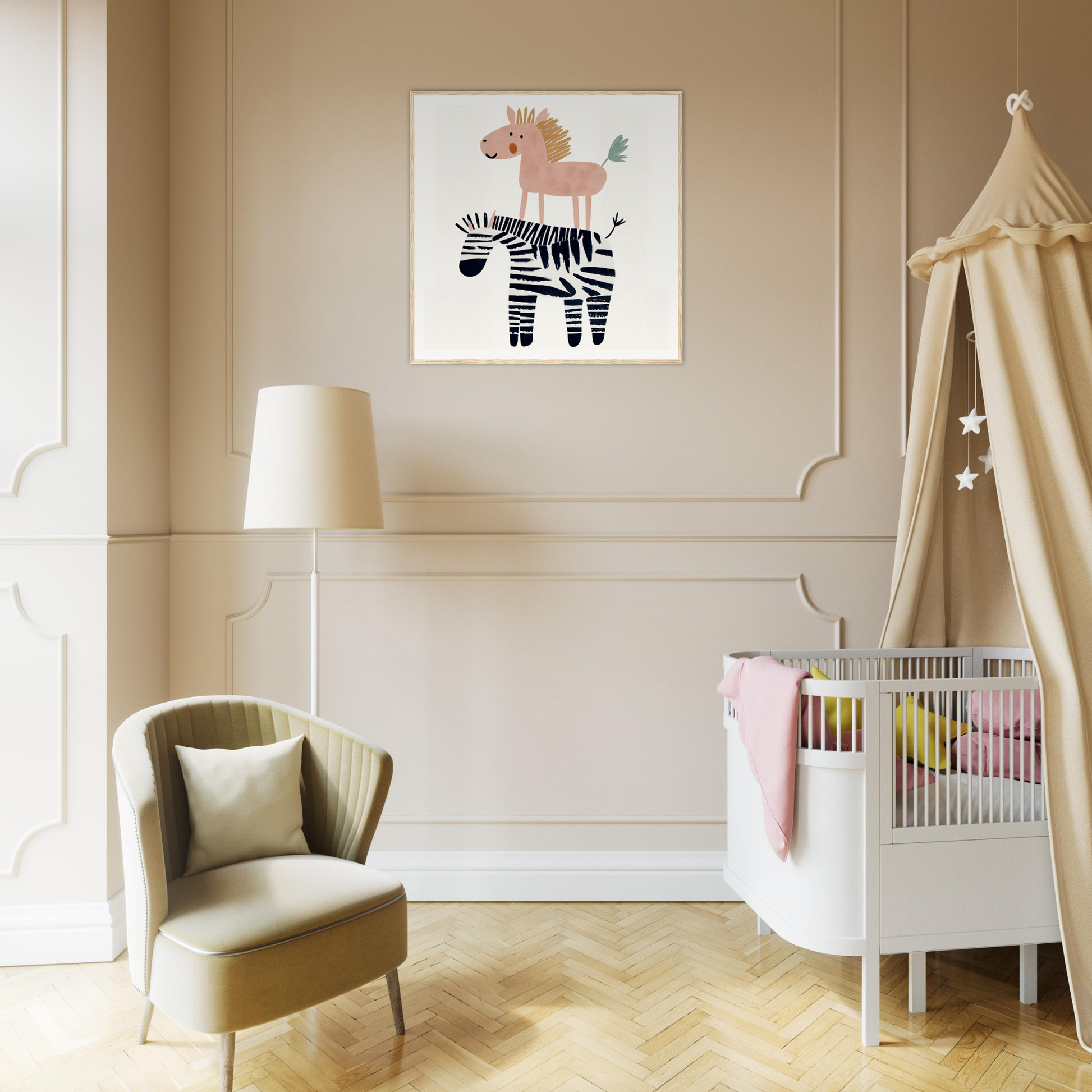 Modern nursery with whimsical zebra art, cozy crib, and chic armchair for perfect nursery decor