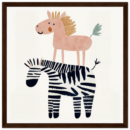 Pink horse on zebra in whimsical nursery wall art for playful decor