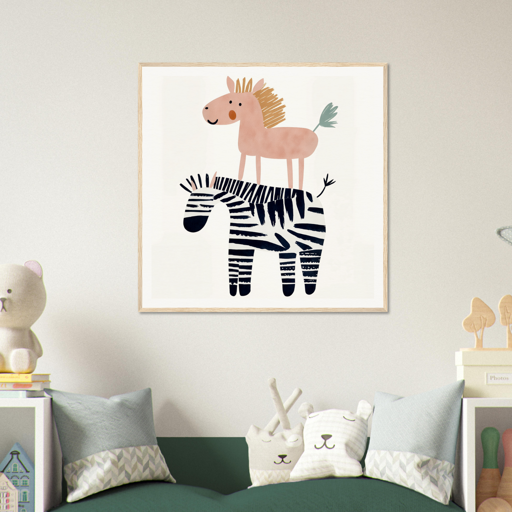 Whimsical nursery wall art featuring a pink horse on a zebra for playful decor