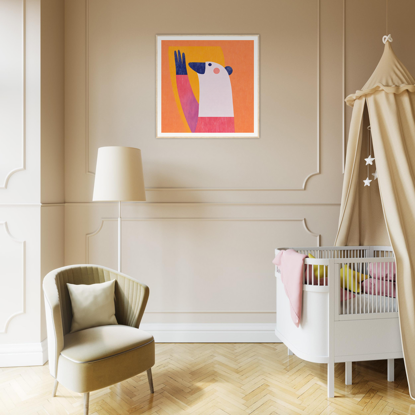 Modern nursery featuring a white crib, beige canopy, and stylish nursery wall art