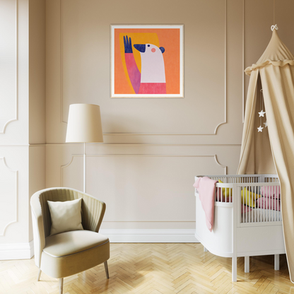 Modern nursery featuring a white crib, beige canopy, and stylish nursery wall art