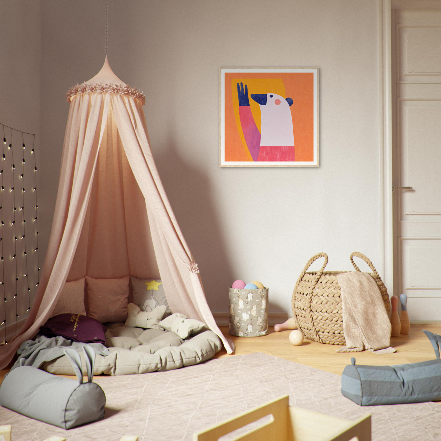 Cozy pink canopy tent over cushions, perfect for nursery decor and playful vibes