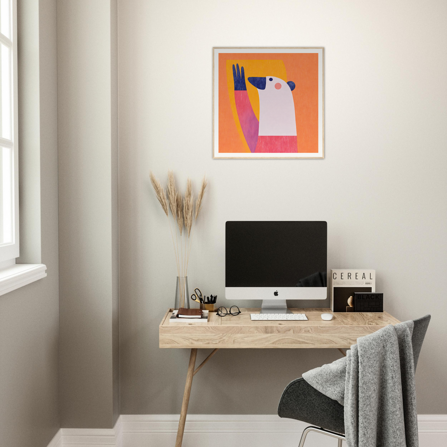 Minimalist wooden desk with iMac and nursery wall art for stylish nursery decor