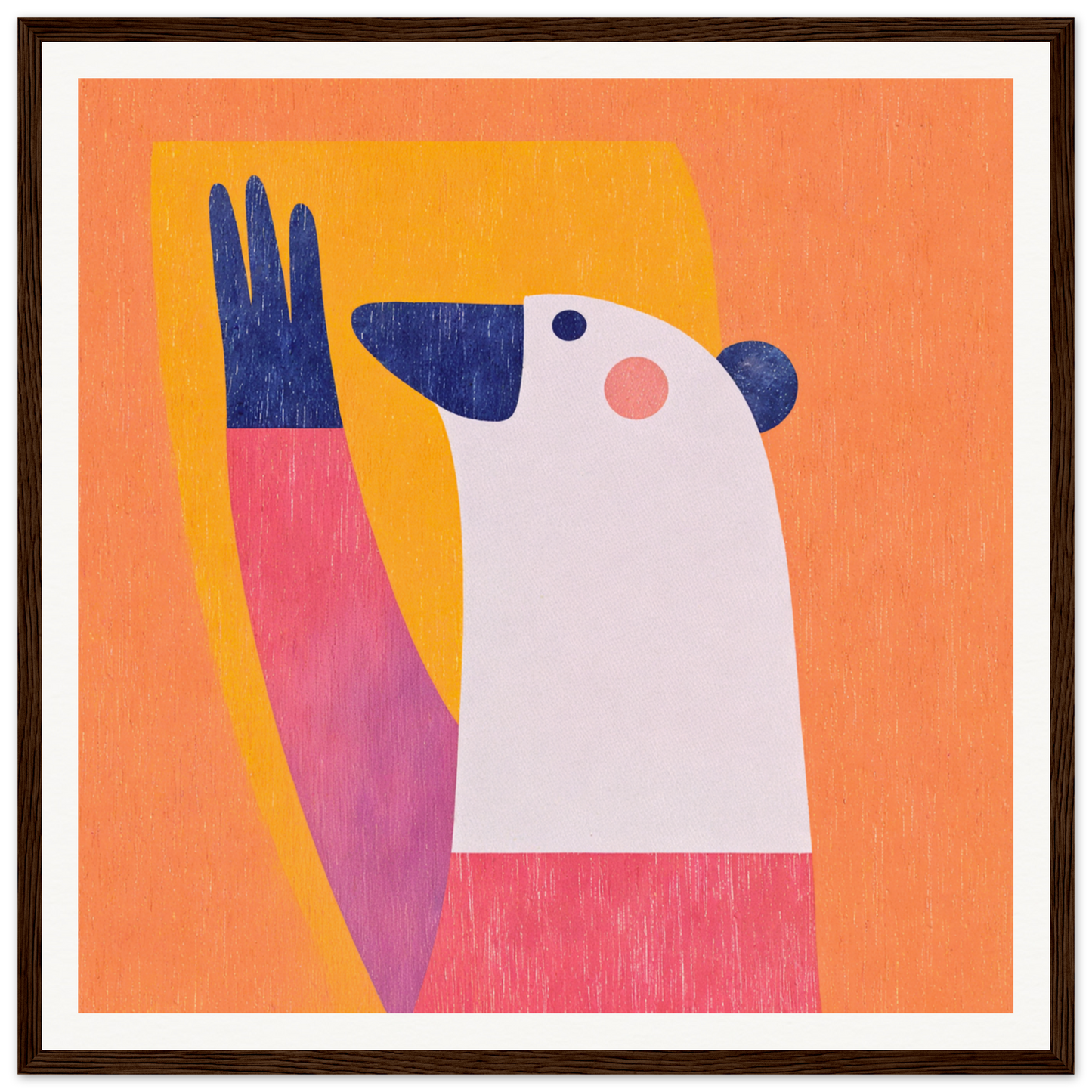 White and pink bear-like figure raising blue paw for nursery wall art or decor