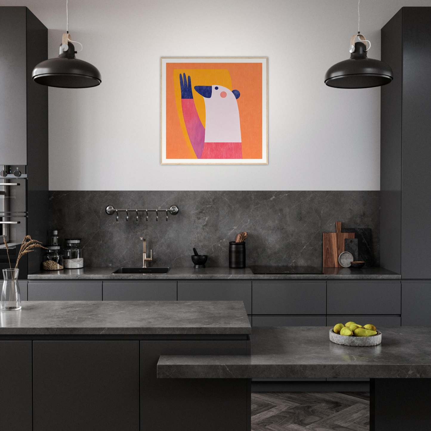 Modern dark kitchen with black cabinets and nursery wall art for vibrant decor