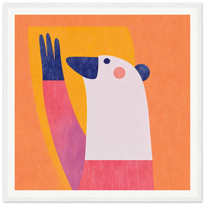 Cute white figure with blue hand in pink clothing, perfect for nursery wall art