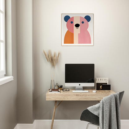 Minimalist workspace with wooden desk, iMac, and colorful bear nursery wall art