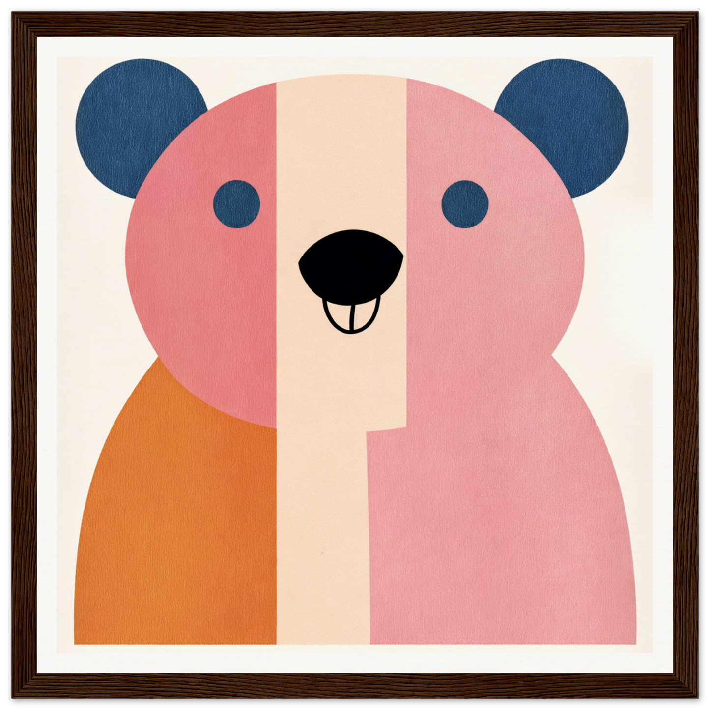 Minimalist pink and orange bear face with blue ears for cute nursery wall art