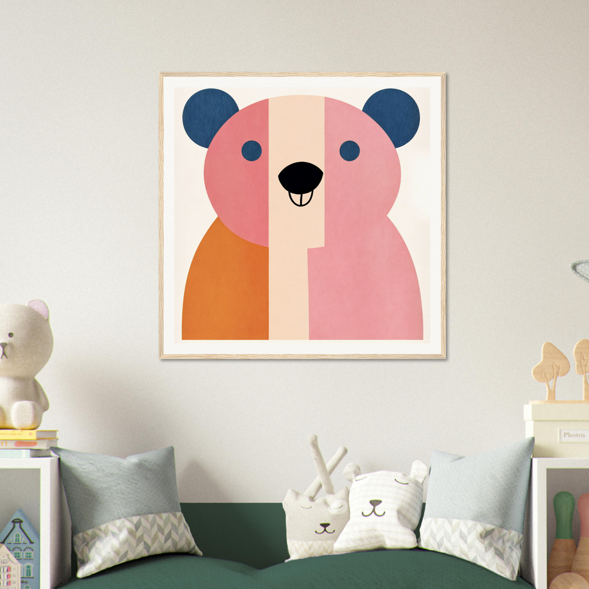 Minimalist geometric bear face art print in pink and orange for nursery wall decor